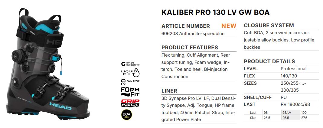 Горнолыжные ботинки Head KALIBER PRO 130 LV GW BOA anthracite/speed blue