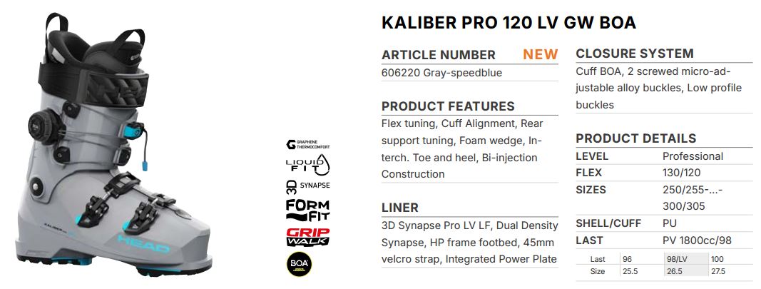 Горнолыжные ботинки Head KALIBER PRO 120 LV GW BOA grey/speed blue