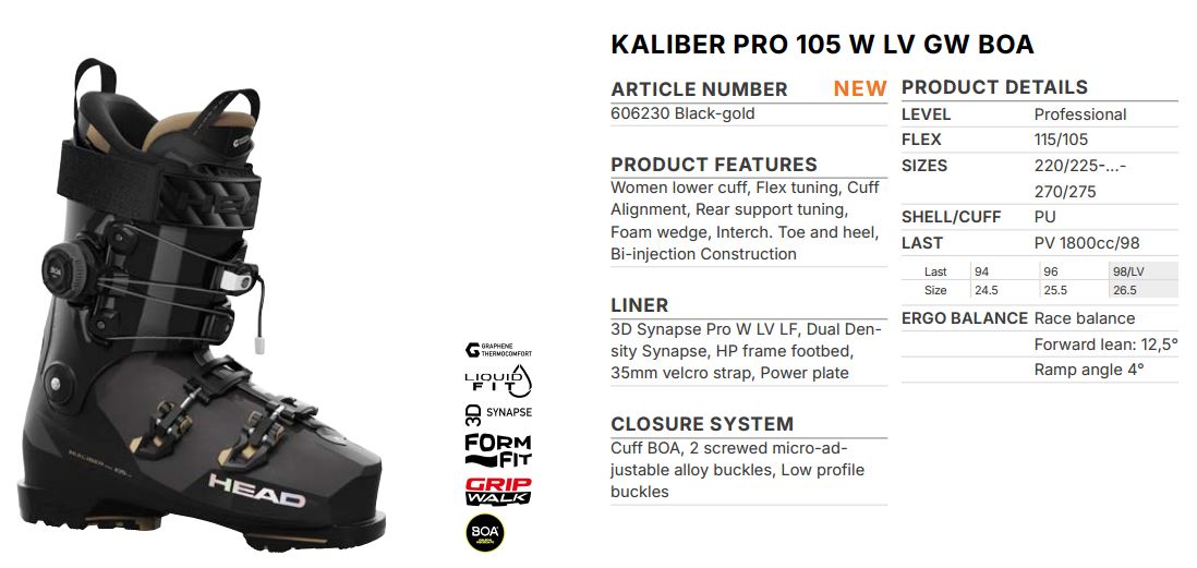 Горнолыжные ботинки Head KALIBER PRO 105 W LV GW BOA black/gold