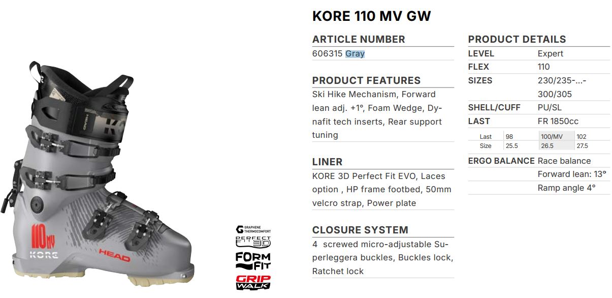 Горнолыжные ботинки Head KORE 110 MV GW gray - 26.5 см (Eur. 41 - 41,5)