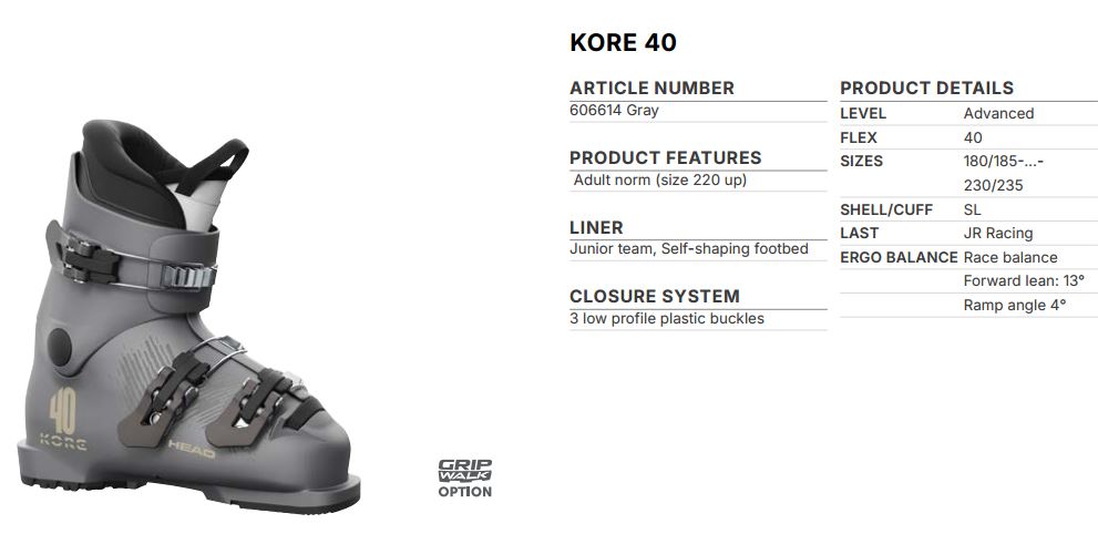 Горнолыжные ботинки Head KORE 40 gray - 20.5 см (Eur. 32 - 32,5)